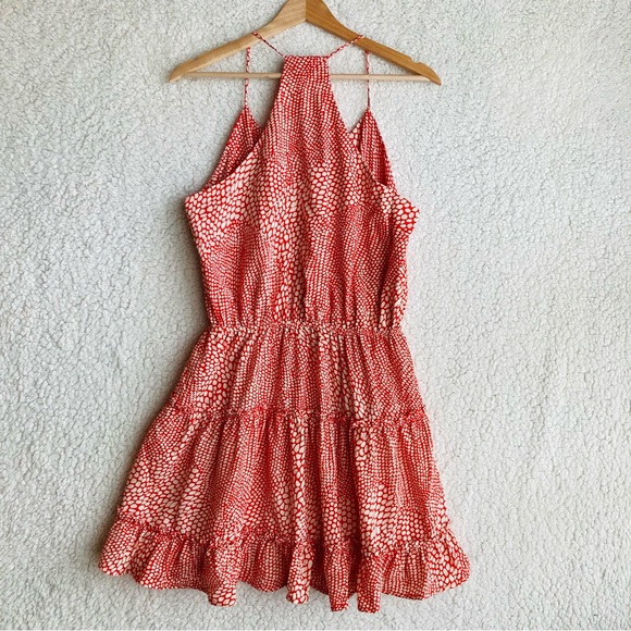 fab'rik Women's coral red print spaghetti strap tiered ruffle mini dress , Sz L - Picture 13 of 16